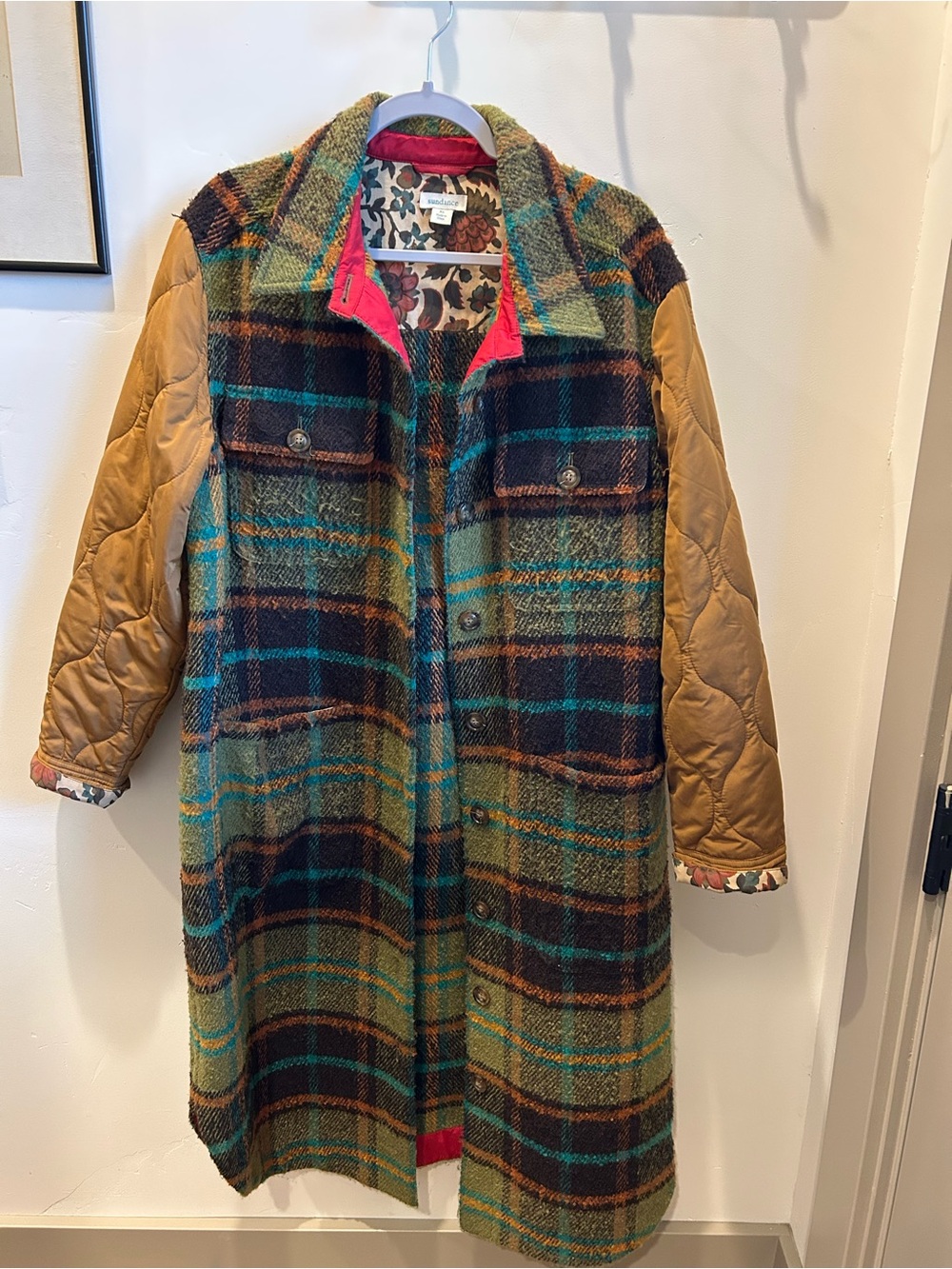 Sundance Multicolor Plaid Trench Coat with Camel Quilted Sleeves